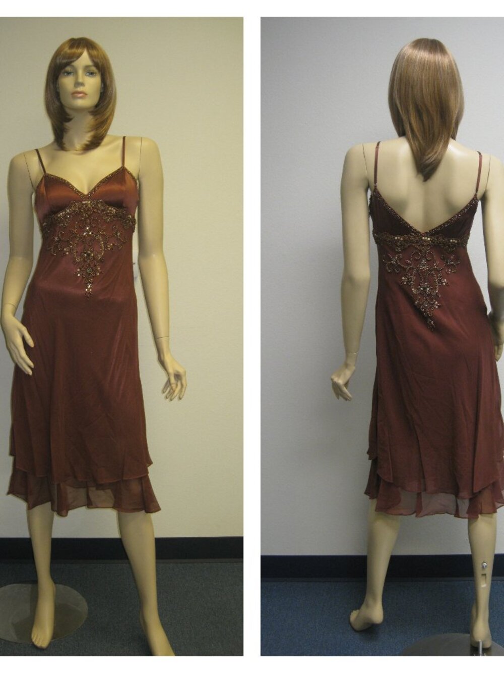 Sue Wong Dress Y2K Sexy Beaded 48 Cocktail Brown Chocolate Midi SILK Copper New - Picture 1 of 16